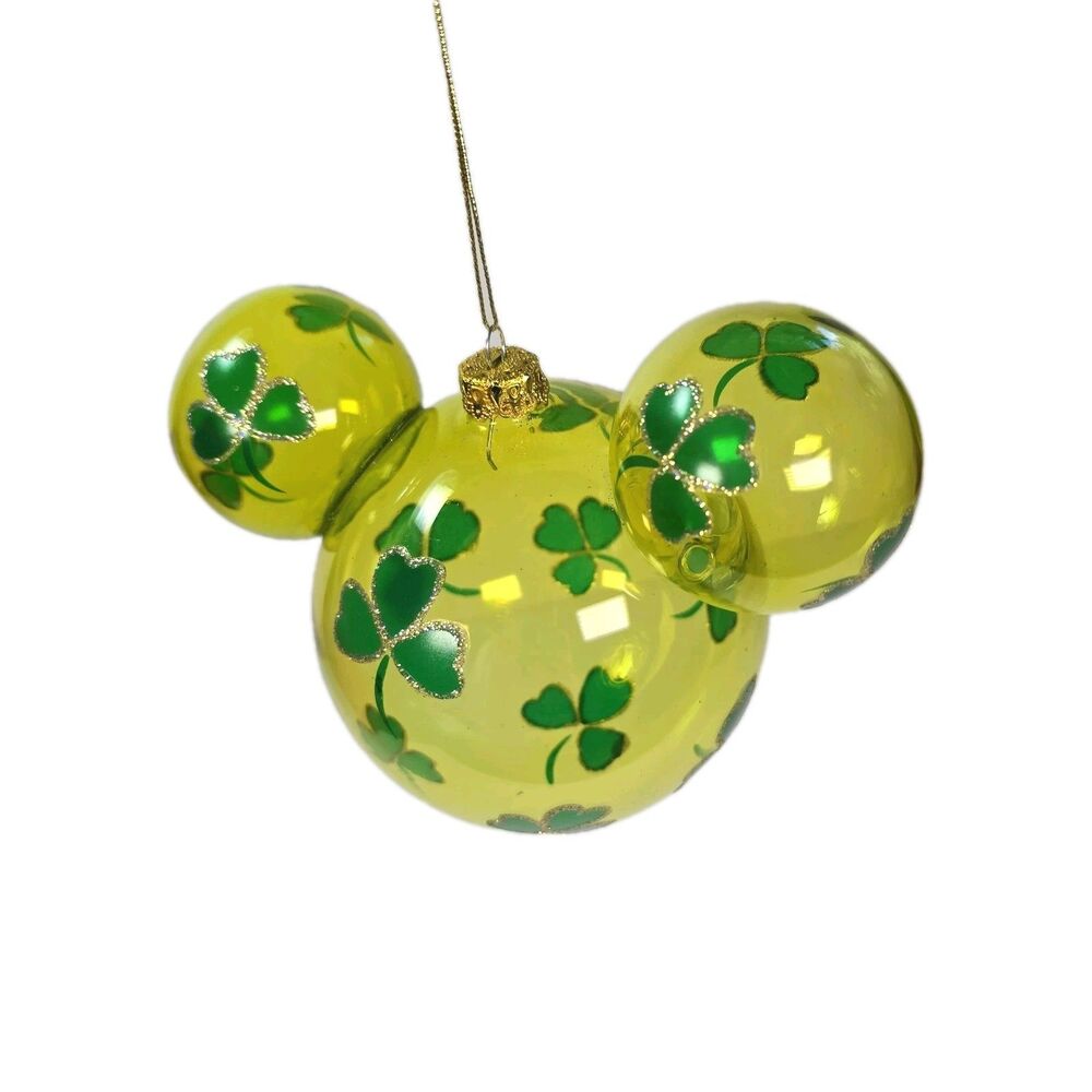 Disney Mickey Icon Ears Glass Ornament Shamrock St. Patrick's Day Large 6" RARE